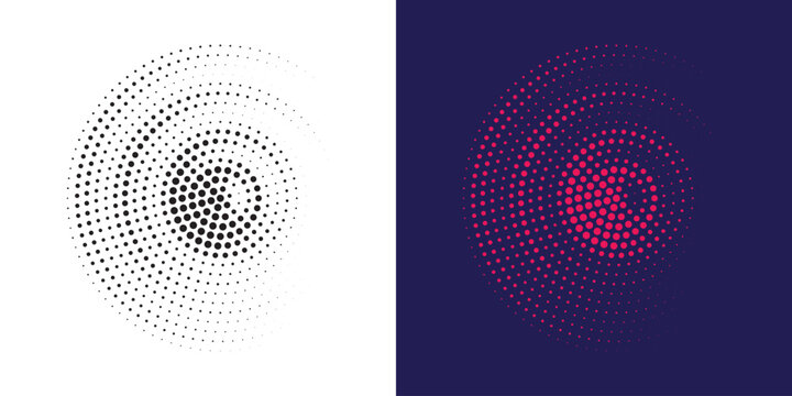 Halftone circle frame dotted background set. Round border Icon using halftone random circle dots raster texture. Grunge circular stain. Vector illustration.