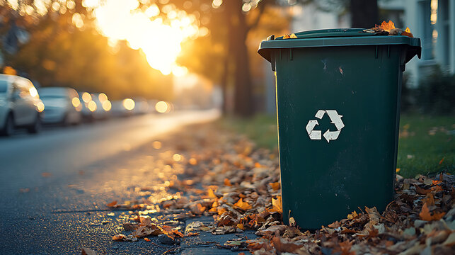 A green trash bin on a curbside during early morning, slightly tilted with scattered leaves around, street and parked cars blurred in background. Soft sunrise lighting. Created Using: urban realism,
