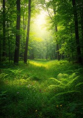 Obraz premium Sunlit Green Forest Path with Tall Trees and Lush Vegetation