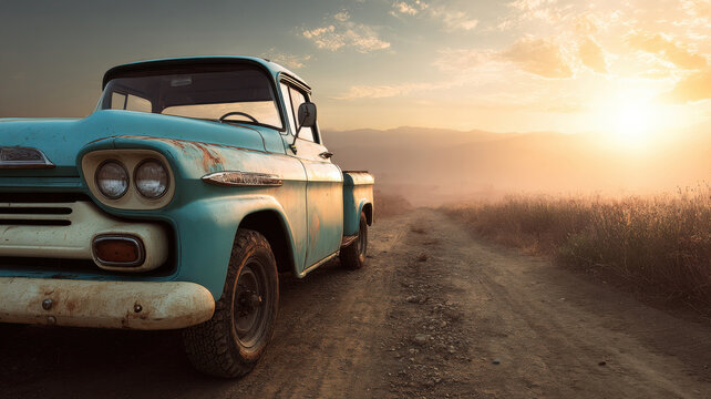 realistic Old pickup truck on dirt road at sunrise - Powered by Adobe