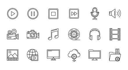 Multimedia Icon Set Featuring Play, Pause, Camera, and Audio Symbols in Grid Layout