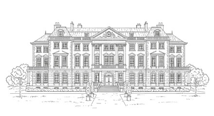 Elegant hand drawn sketch of a grand european mansion facade