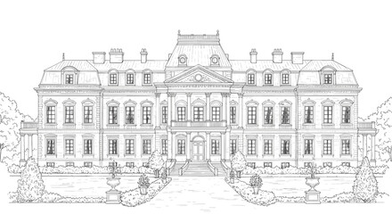 Elegant baroque palace facade with formal gardens and reflecting pool hand drawn sketch