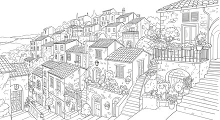 Detailed line drawing of a charming european village nestled on a hillside