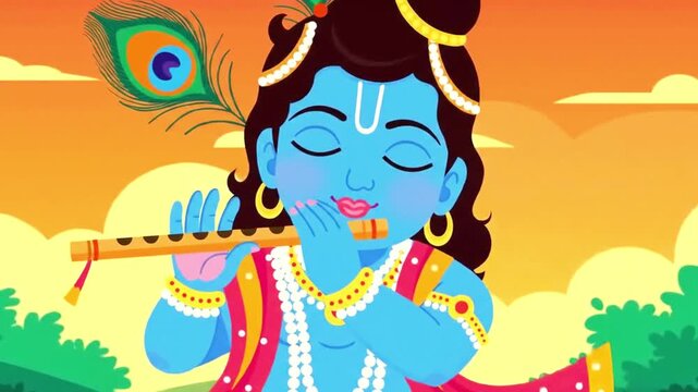 Illustration of a boy god Krishna with a flute.