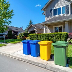 A colorful row of trash bins lined up neatly along a bustling sidewalk, surrounded by vibrant greenery and pedestrians going about their day.