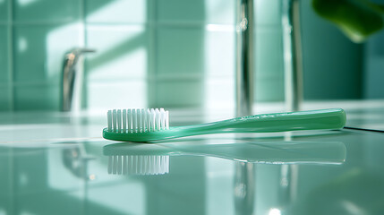 A photograph of a green toothbrush, glossy plastic, straight-on angle, placed near a mirror on a bathroom counter. White tiled background with chrome fixtures. Reflections create depth,