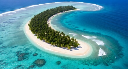 Fototapeta premium An idyllic aerial view of a remote crescent-shaped tropical island with a white sandy beach and turquoise lagoon.