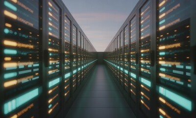 Server room aisle with blinking lights fading into soft, twilight sky