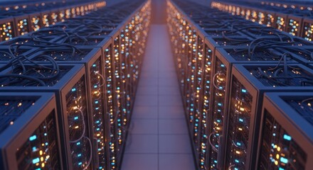 Fototapeta premium Server racks stretch into the distance, a digital information hub