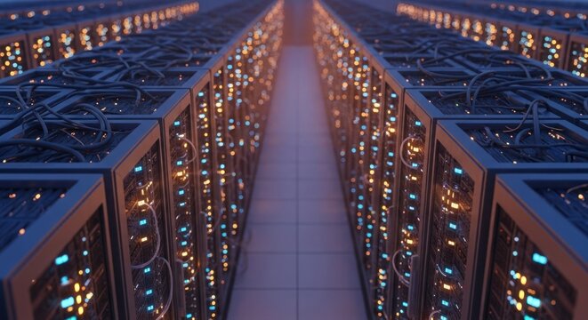 Server racks stretch into the distance, a digital information hub