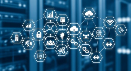 Interconnected network icons displayed over blurred server racks, illustrating data storage, cloud computing, and global connectivity.