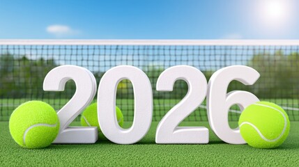 Vibrant 3D Number 2026 Made of Tennis Balls on Grass Court with Sunlight - Concept for Upcoming Year Celebrations