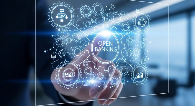 A businessman interacts with a digital interface showcasing open banking technology and its interconnected components. - Powered by Adobe