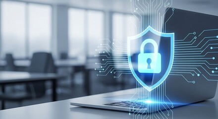 Modern laptop computer with a security shield graphic overlayed, suggesting data protection in a contemporary office setting.