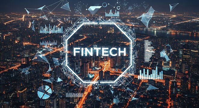 Night cityscape overlaid with Fintech data visualizations, showing a modern city at night.