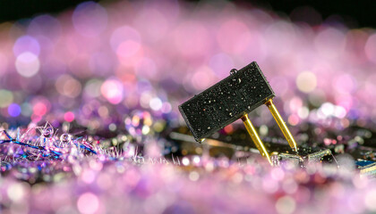 Microcomponent with Golden Pins in a Surreal Landscape of Pink Bokeh and Dew.