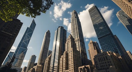Low-angle view of modern skyscrapers reaching towards a partly cloudy sky.