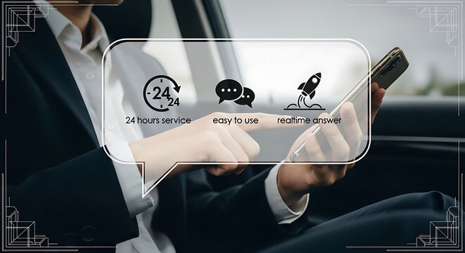 Businessperson uses mobile app, showcasing 24/7 service, user-friendliness, and rapid growth.