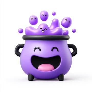 Joyful Cartoon Cauldron with Purple Liquid and Happy Steam - 3D Halloween Illustration on White Background