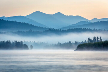 Fototapeta premium Serene mountain lake landscape with dense fog and lush trees at sunrise or sunset