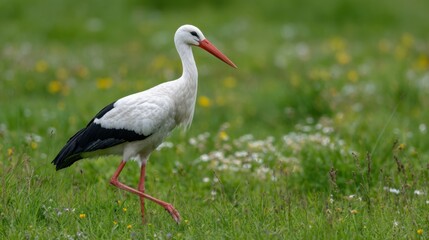 A white stork gracefully walks across a lush green meadow sprinkled with colorful wildflowers under a clear blue sky during the spring season.