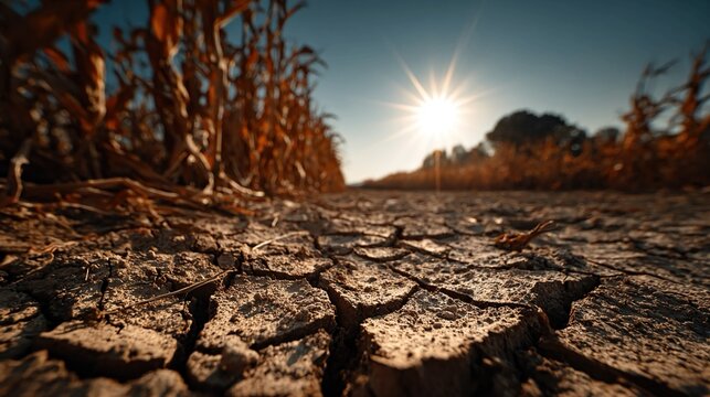 Drought scenes with parched soil, dry crops, and intense sunlight, ideal for climate change, water crisis, and agriculture content