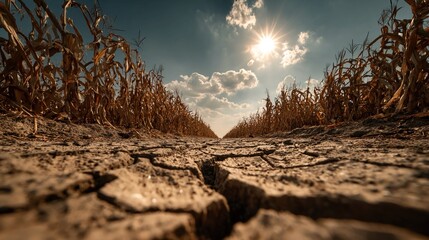 Drought scenes with parched soil, dry crops, and intense sunlight, ideal for climate change, water crisis, and agriculture content