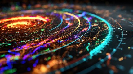 Abstract circular digital display with swirling colors and patterns