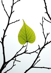Fototapeta premium Green Heart-shaped Leaf on Black Bare Tree Branches in Minimalist Nature Scene