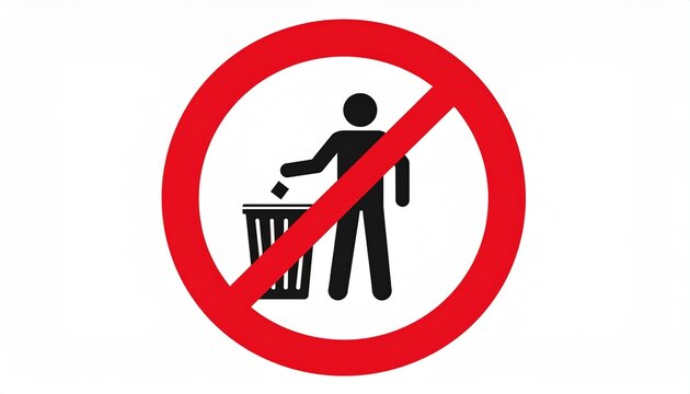 An isolated no littering sign with a black pictogram of a person throwing trash in a bin.