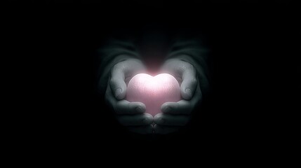 Hands holding glowing heart in dark background, hands holding glowing heart symbolizing love, hands holding glowing heart for emotional concept insurance ad