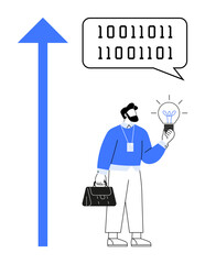 Businessperson holding lightbulb symbolizing ideas, with binary code speech bubble and upward arrow. Ideal for innovation, technology, growth, problem-solving, creativity, coding success. Simple