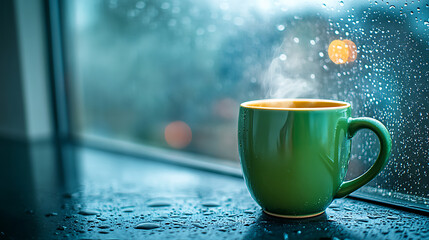 A close-up of a green coffee mug with steam rising, sitting on a windowsill, rainy background outside. Side angle with raindrops on glass, soft lighting from cloudy sky.