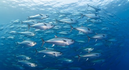 Obraz premium A mesmerizing underwater scene featuring a large school of fish swimming gracefully through the clear blue ocean waters together as one.