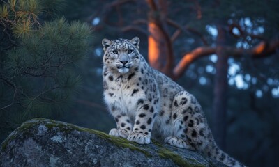 Obraz premium Snow leopard sits atop a mossy rock, forest backdrop blurred and soft