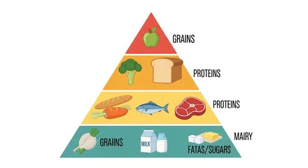Illustrative food pyramid showcasing healthy eating guidelines and nutritional categories. Concept for dietary guidelines nutrition education and balanced diet planning