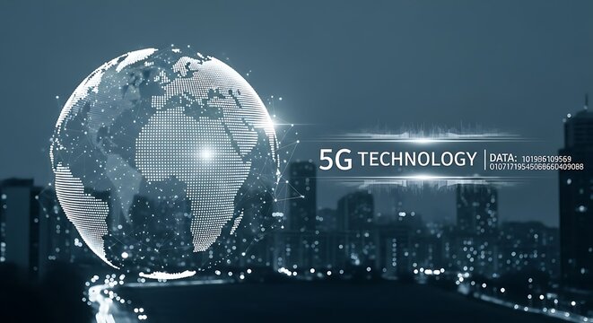 Digital globe hovers over a city skyline at night, highlighting 5G technology and data communication. - Powered by Adobe