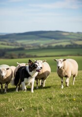 Obraz premium Working Border Collie herding a flock of sheep on a sunny day in the rolling green hills of the countryside.