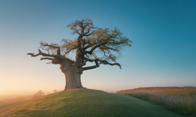 Obraz premium Solitary tree on hill against soft morning sky, bathed in gentle light