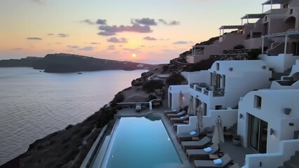 Luxurious villa overlooking a serene sunset on the coast of Santorini, Greece, with a tranquil pool - Powered by Adobe