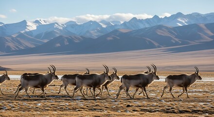 Naklejka premium A herd of majestic antelopes gracefully traversing a stunning mountain landscape under bright blue skies with distant peaks