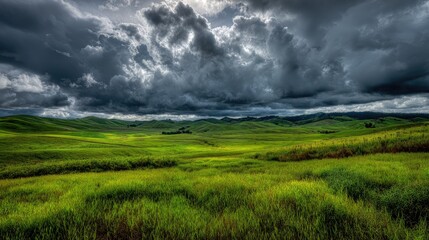 Vast green field under dramatic clouds