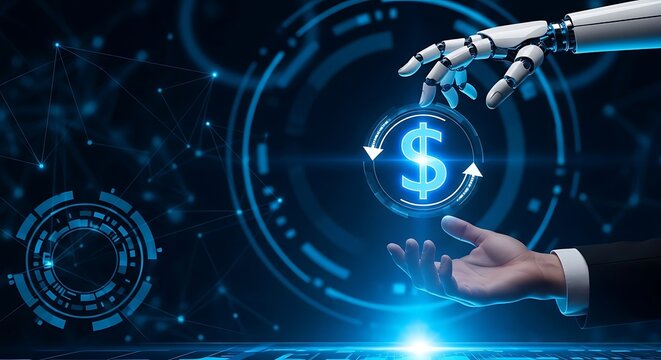 A robot hand exchanges a digital dollar symbol with a human hand against a futuristic, circular, tech-themed background.