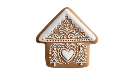 An isolated house-shaped gingerbread cookie with intricate folk-art style royal icing and a heart motif