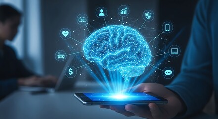 A person holding a smartphone with a glowing holographic brain and digital icons representing technology.