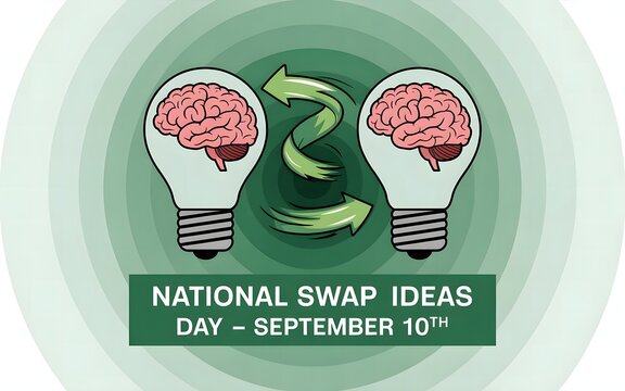 National Swap Ideas Day with Brain-Filled Light Bulbs and Arrows Showing Thought Exchange