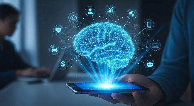 A person holding a smartphone with a glowing holographic brain and digital icons representing technology.
