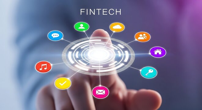 A finger presses a digital interface with various app icons representing financial technology.