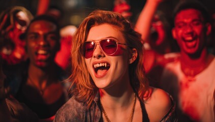 Crowd at a concert with a woman in vampire makeup